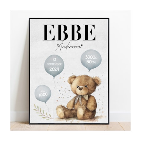 Födelseposter, namntavla, doptavla Söta björnen blå ballong