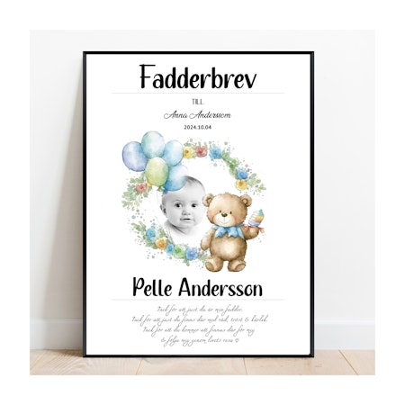 Fadderbrev, dopbrev, Tack för nallen blå med foto