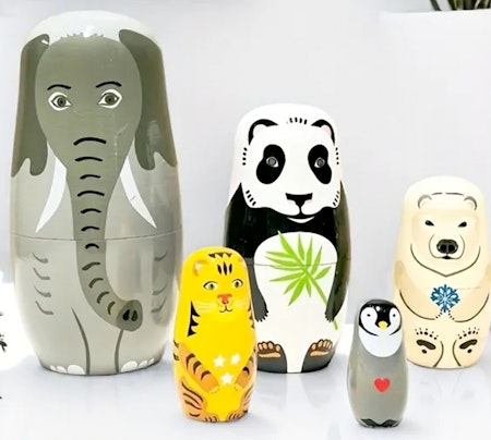 Babushka dockor, elefant, panda, tiger, isbjörn
