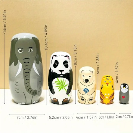 Babushka dockor, elefant, panda, tiger, isbjörn