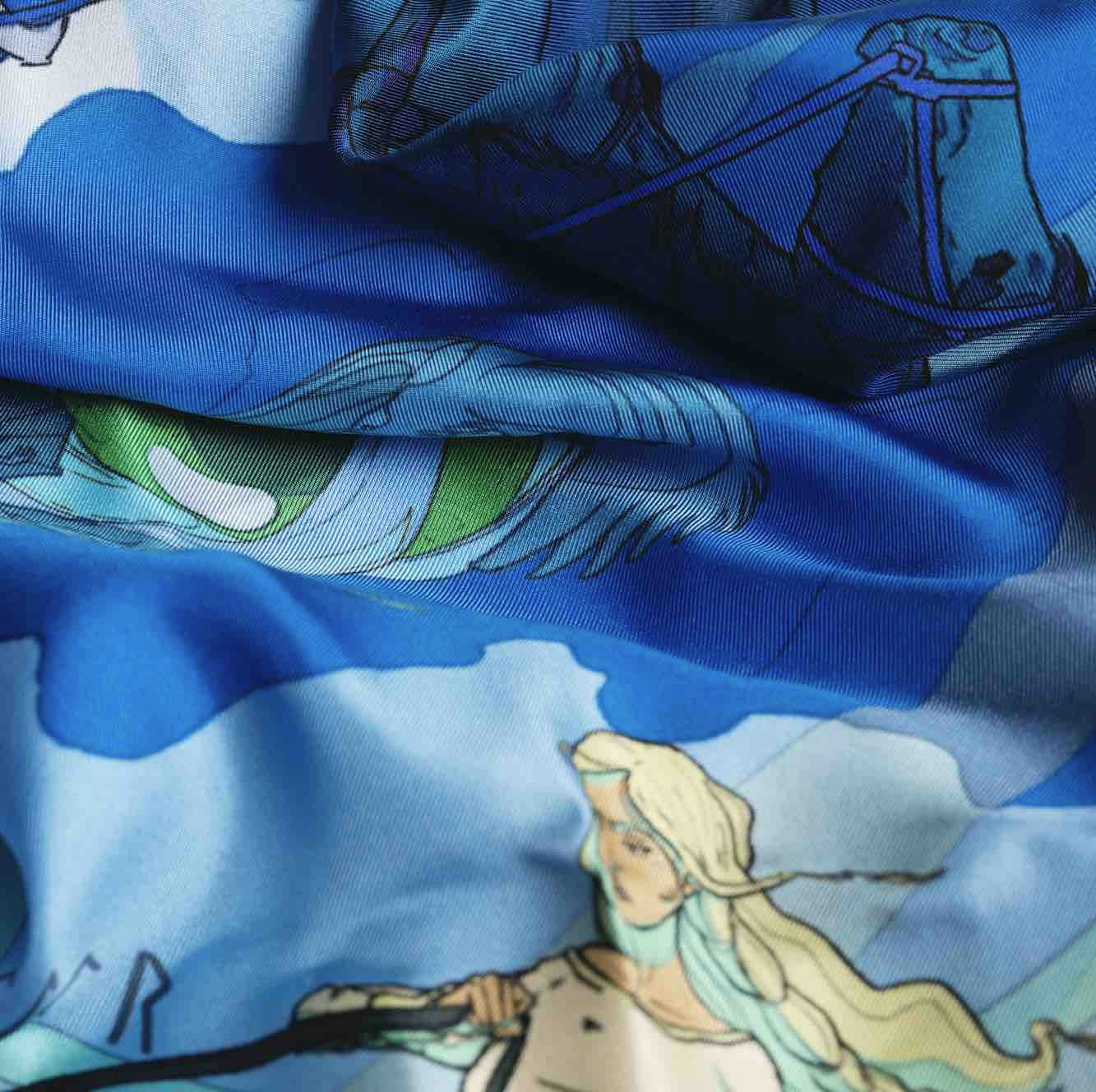 Soldiser Designer Silk Scarf Norse Goddess Night Blue Pattern Zoomed in