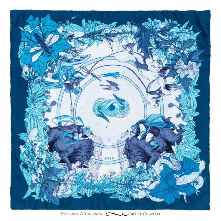 Soldiser blue silk scarf Norse Goddess Freya Pattern