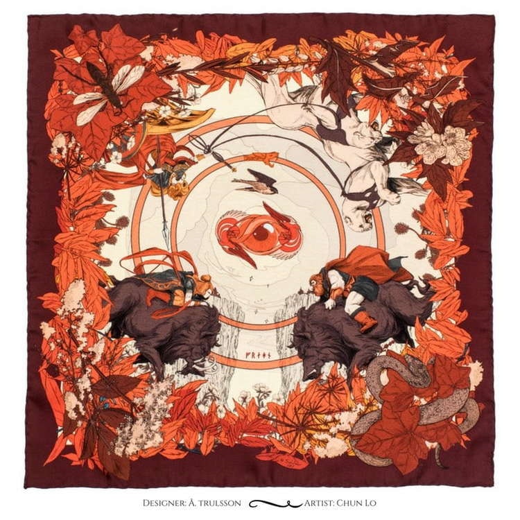 Soldiser red silk scarf Norse Goddess Freya Pattern