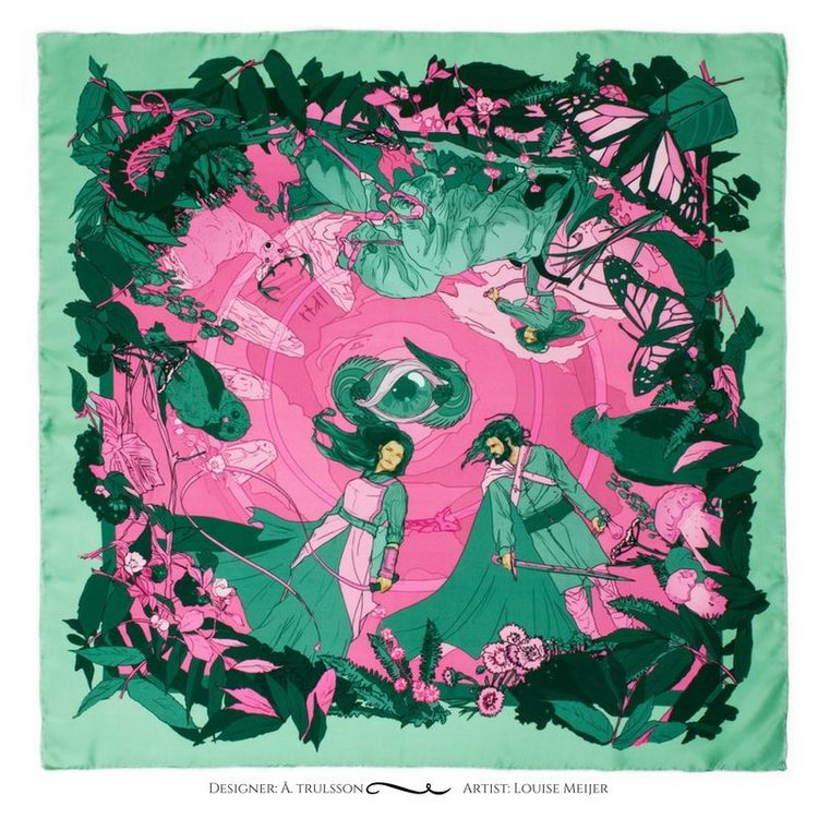 Soldiser designer goddess Gefjun green silk scarf pattern