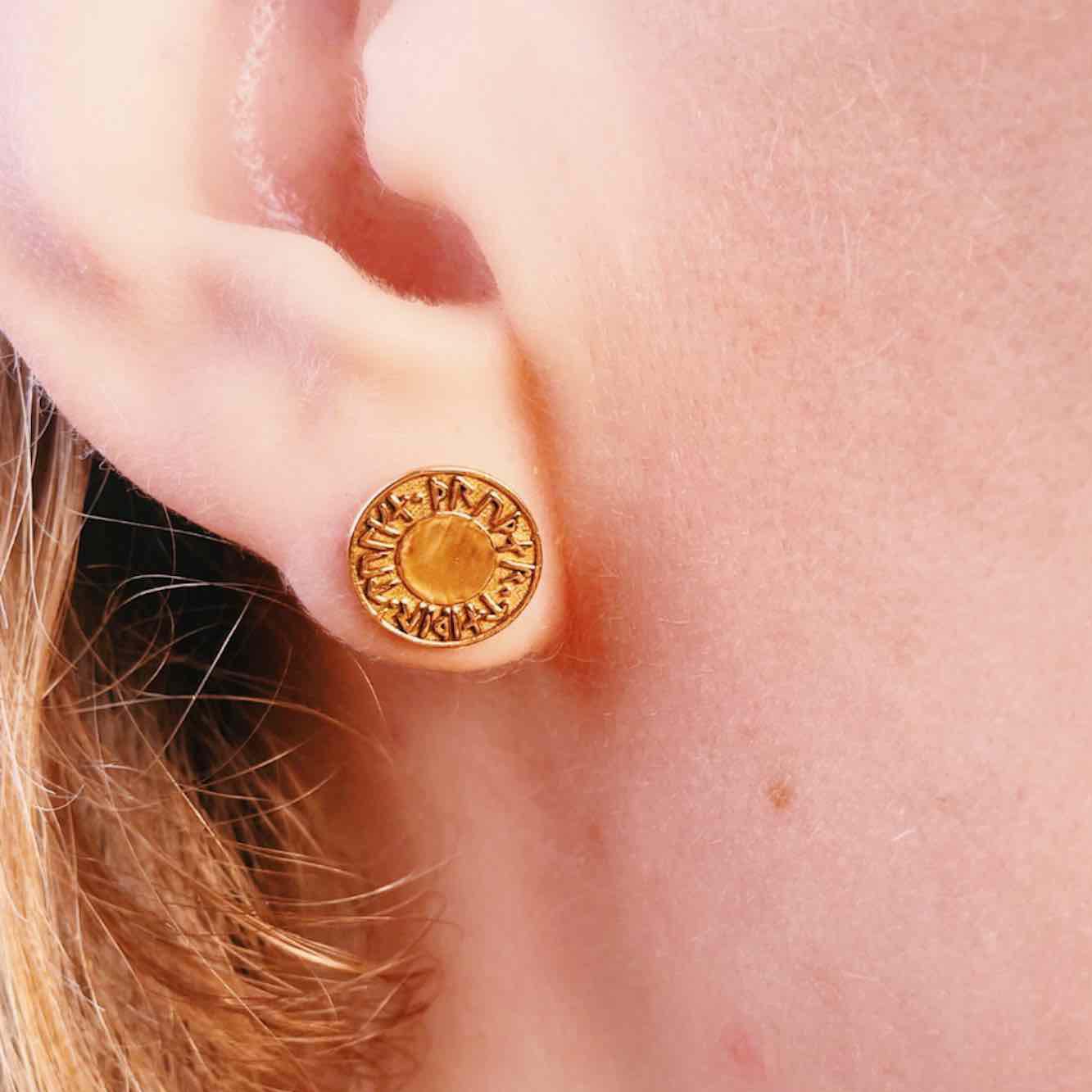 Soldiser Goddess Thrud Gold Rune Earrings on model