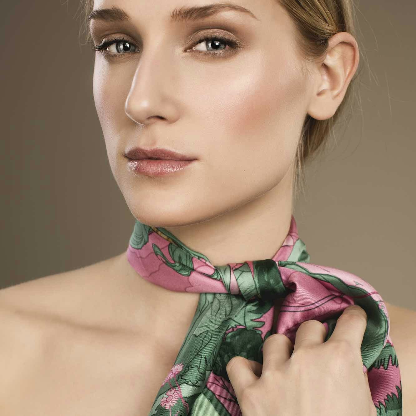 Soldiser Designer Goddess Gefjun Green Silk Scarf on Model