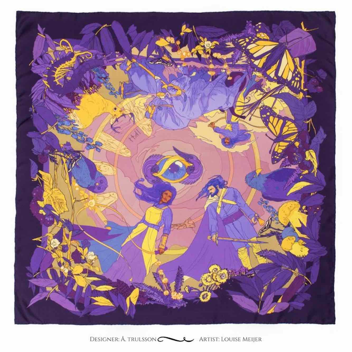 Soldiser Designer Goddess Gefjun Purple Silk Scarf Pattern