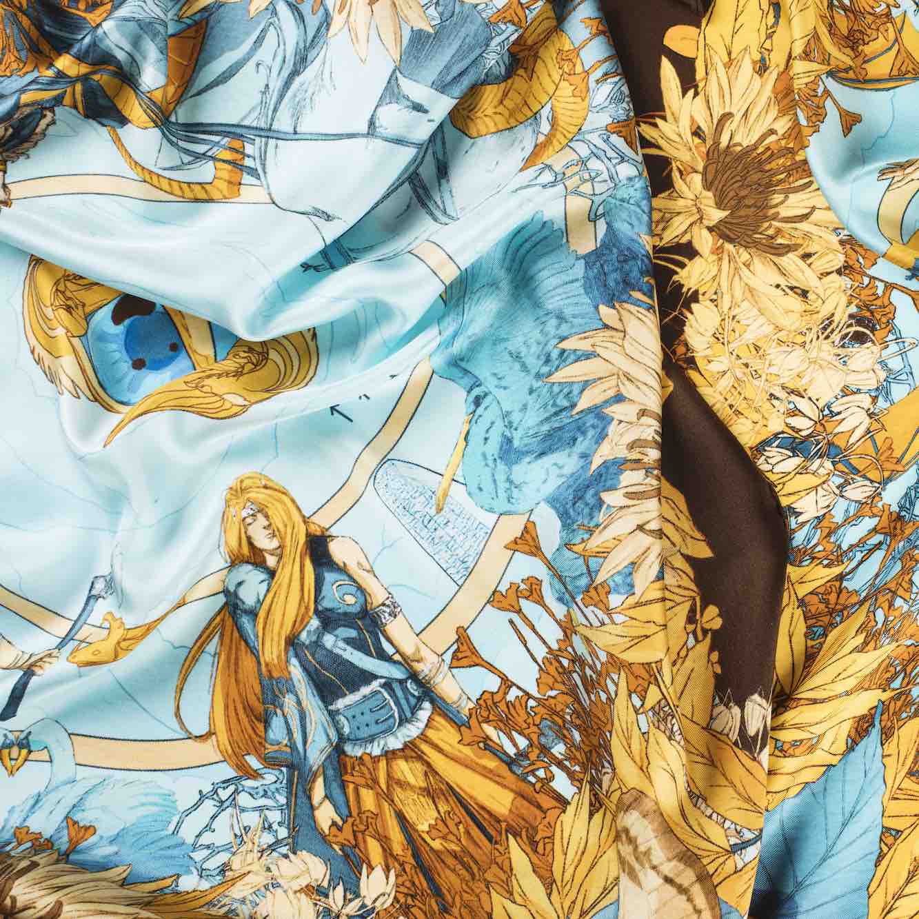 Soldiser Designer Silk Scarf Goddess Thrud Thor Blue Yellow Pattern Zoomed in