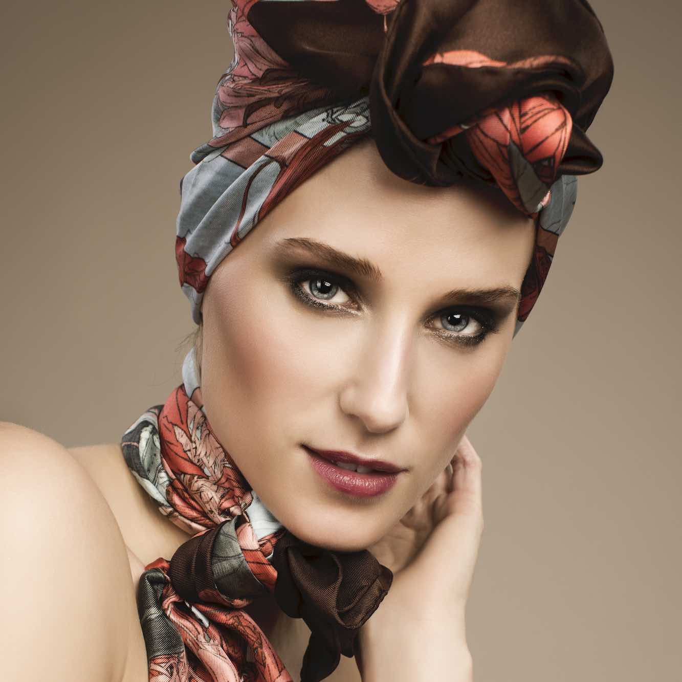 Soldiser Designer Silk Scarf Goddess Thrud Thor Pink Pattern on Model