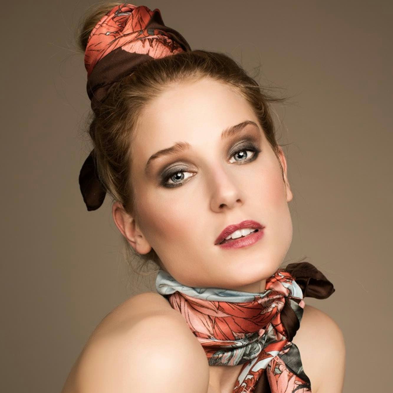 Soldiser Designer Silk Scarf Goddess Thrud Thor Pink Pattern on Model