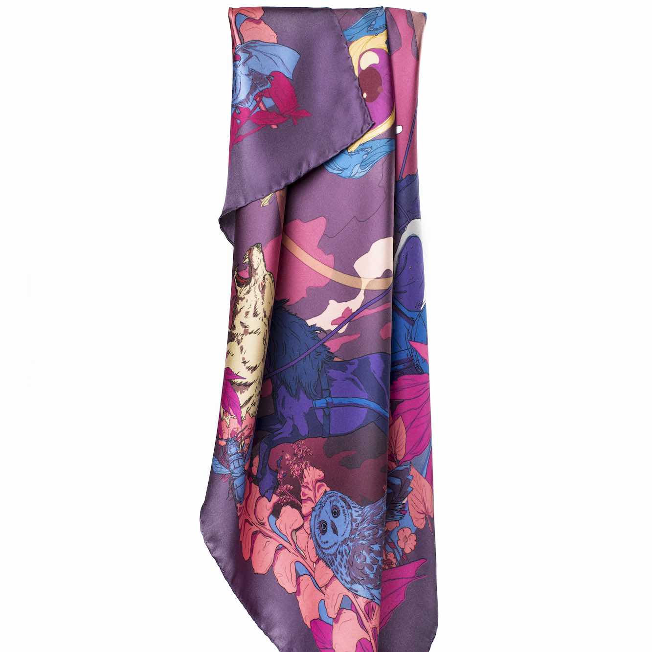 Soldiser Designer Silk Scarf Norse Goddess Night Purple Pattern Hanging