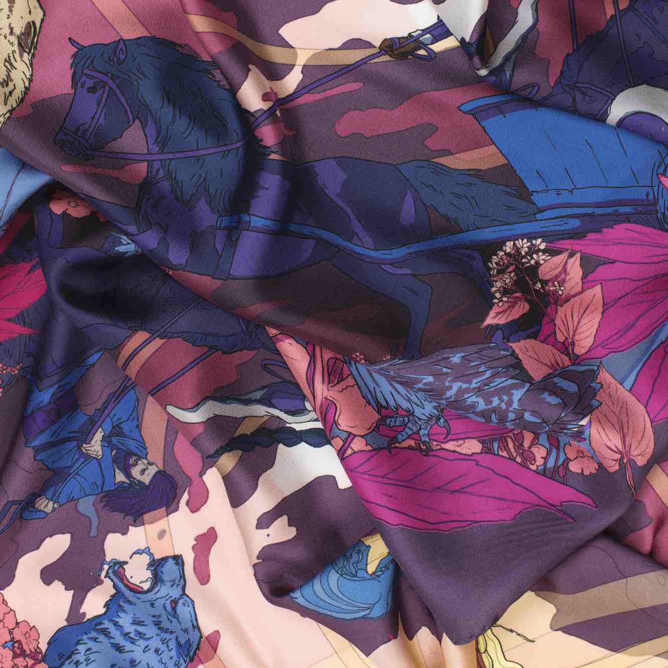 Soldiser Designer Silk Scarf Norse Goddess Night Purple Pattern Zoomed in
