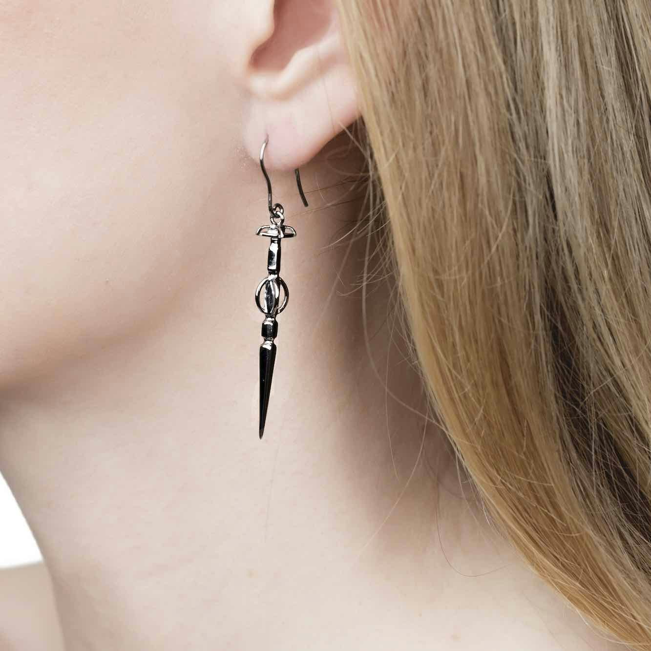 Soldiser Goddess Freya Viking Black Silver Earrings on Model