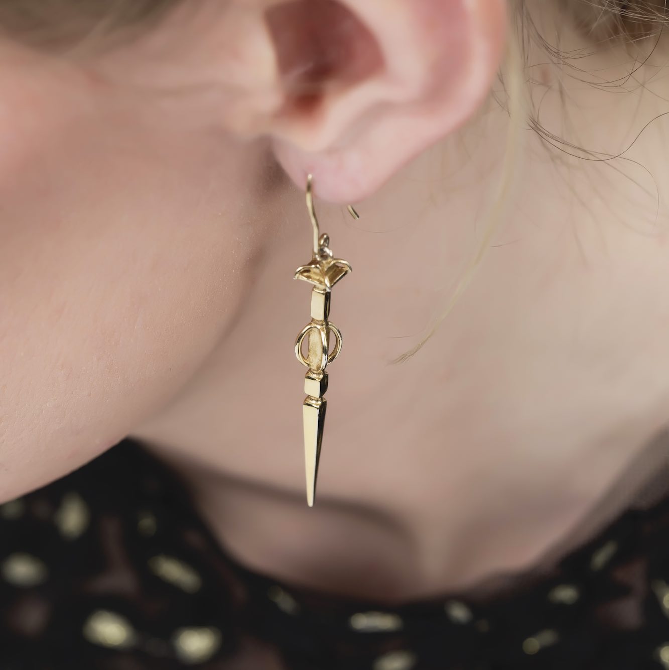 Soldiser Goddess Freya Medium Gold Earrings on Model Zoomed in
