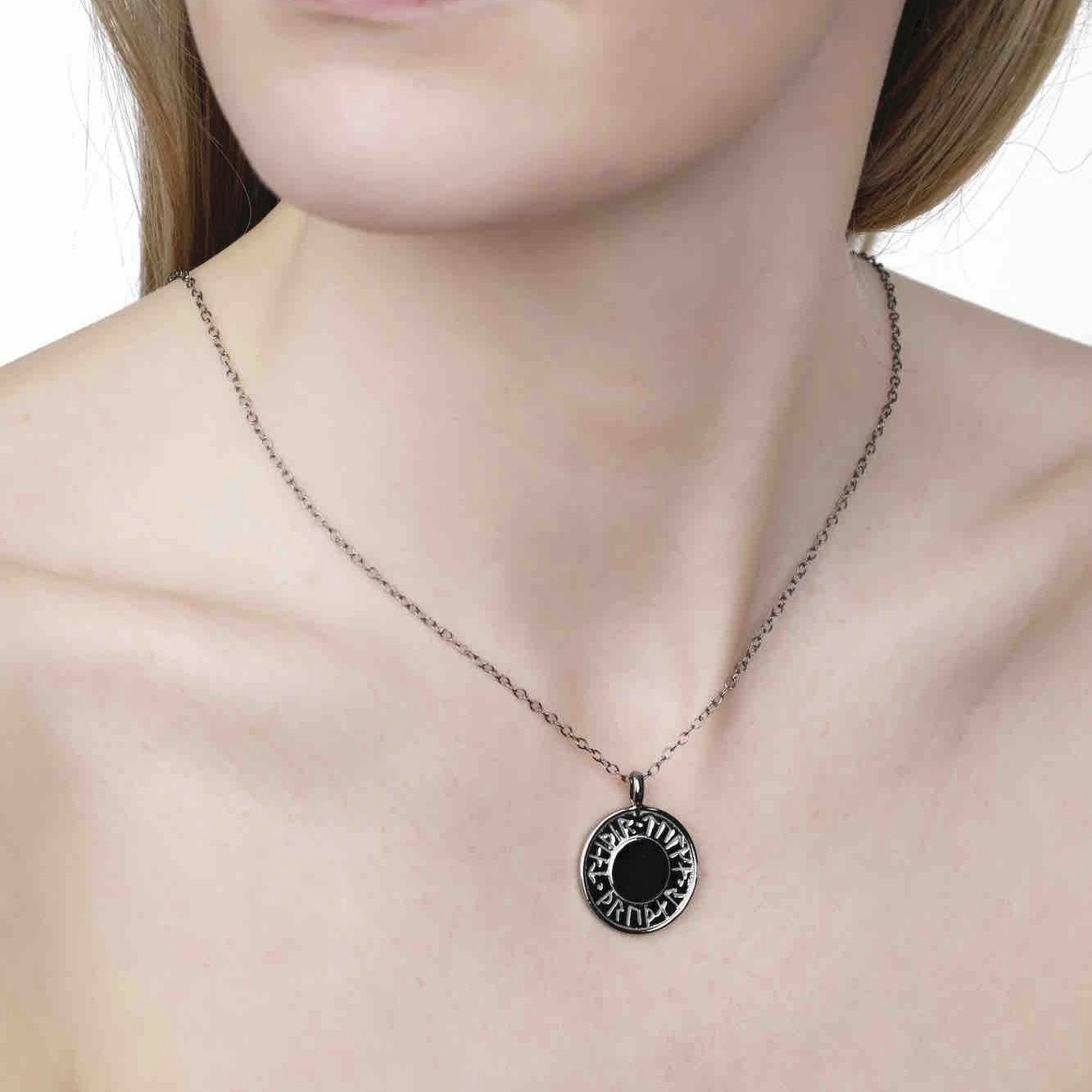 Soldiser Goddess Thrud Black Silver Rune Necklace on model