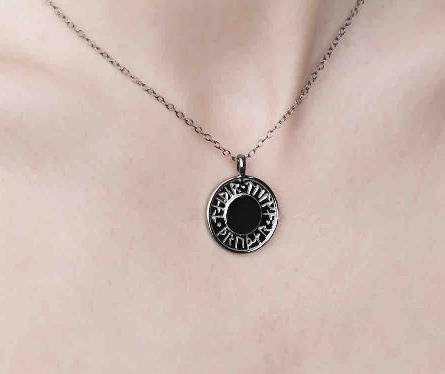 Soldiser Goddess Thrud Black Silver Rune Necklace on model zoomed in