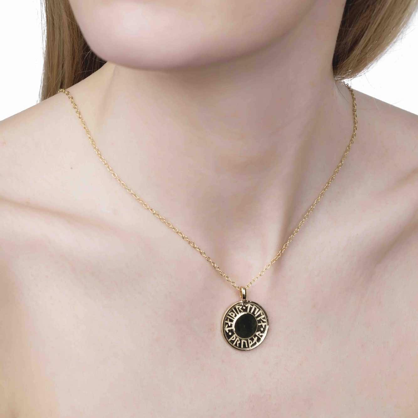 Soldiser Goddess Thrud Gold Rune Necklace on model