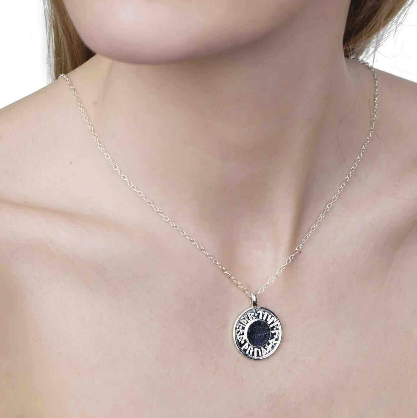 Soldiser Goddess Thrud Silver Rune Necklace on model