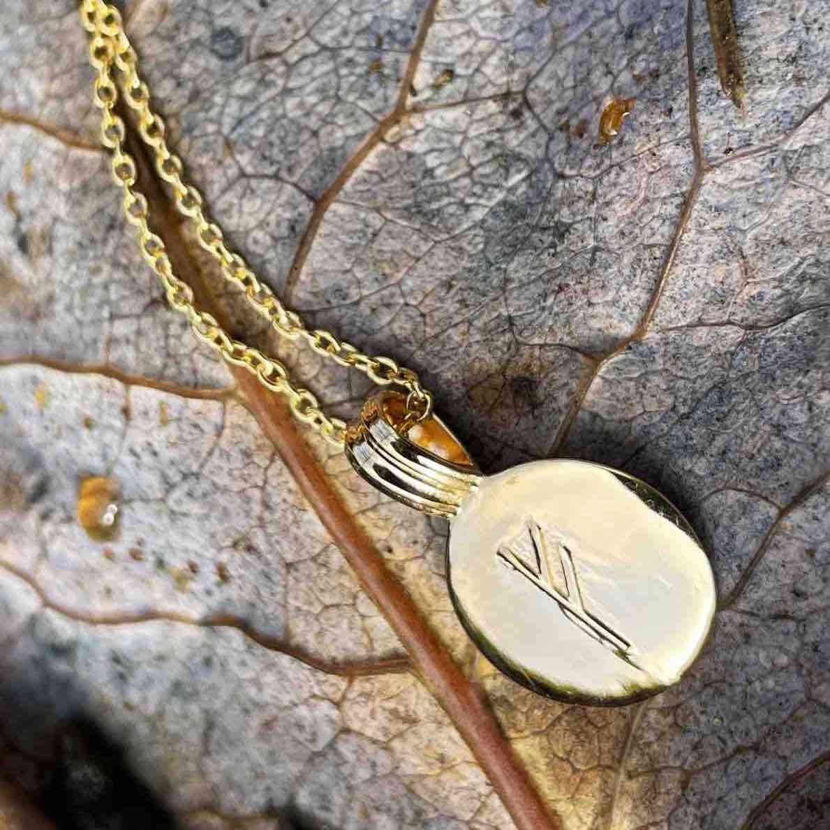Soldiser Gold Fehu Rune Necklace on leaves