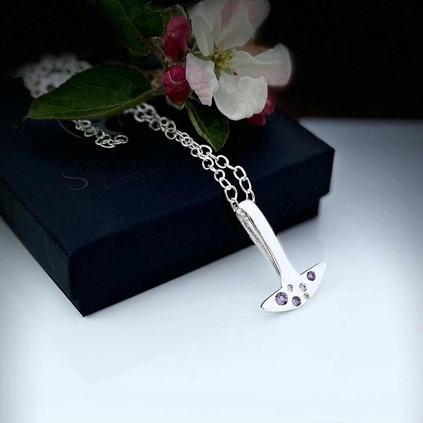 Soldiser Large Thor's Hammer Silver Necklace with Amethyst and White Topaz with Flower and Gift Box