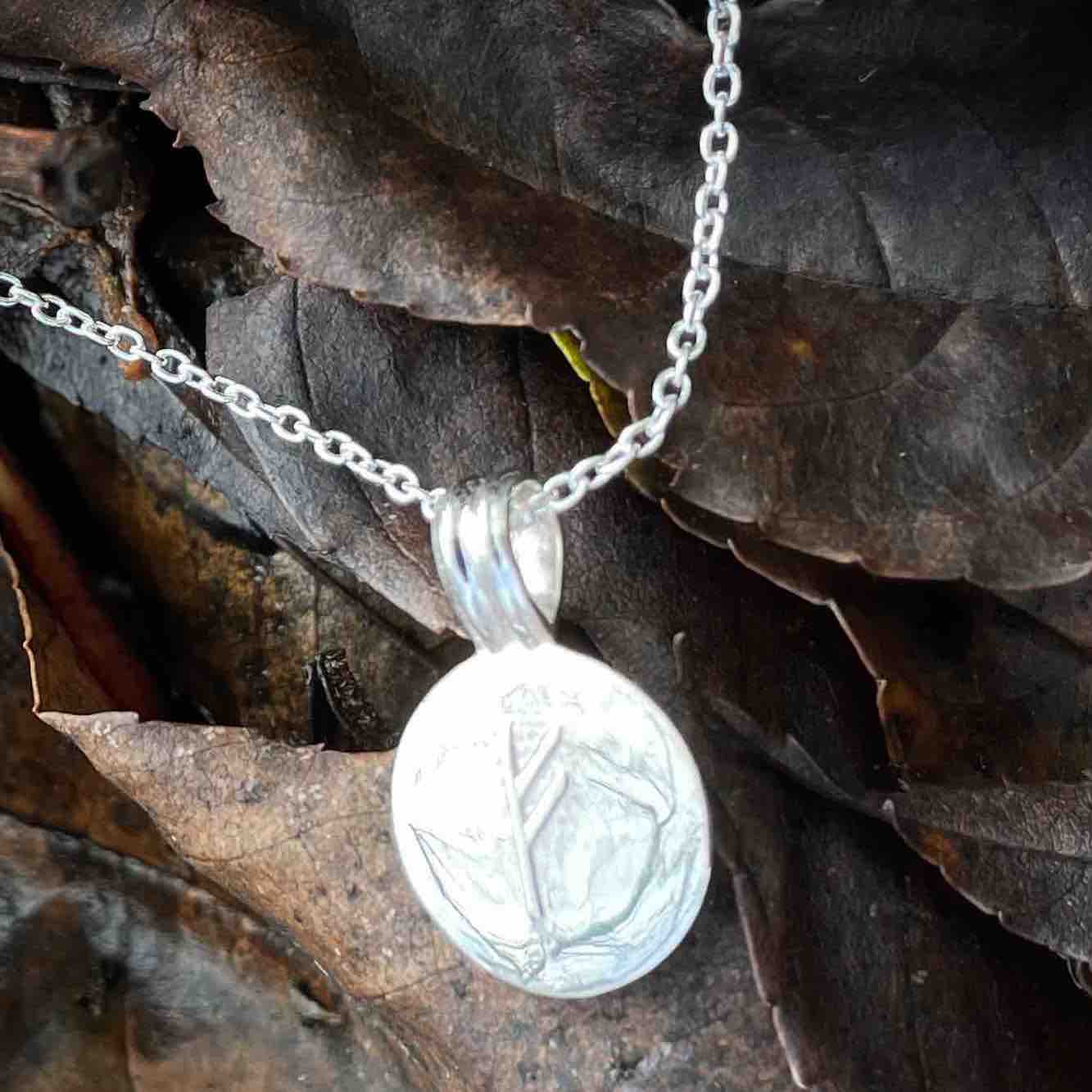 Soldiser Silver Fehu Rune Necklace on leaves