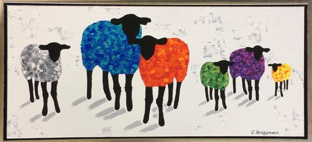 Färgrika tavlor med får av fårkonstnären C.Brüggmann. Färgstark konst till dig hem. Inred med originalmålningar.