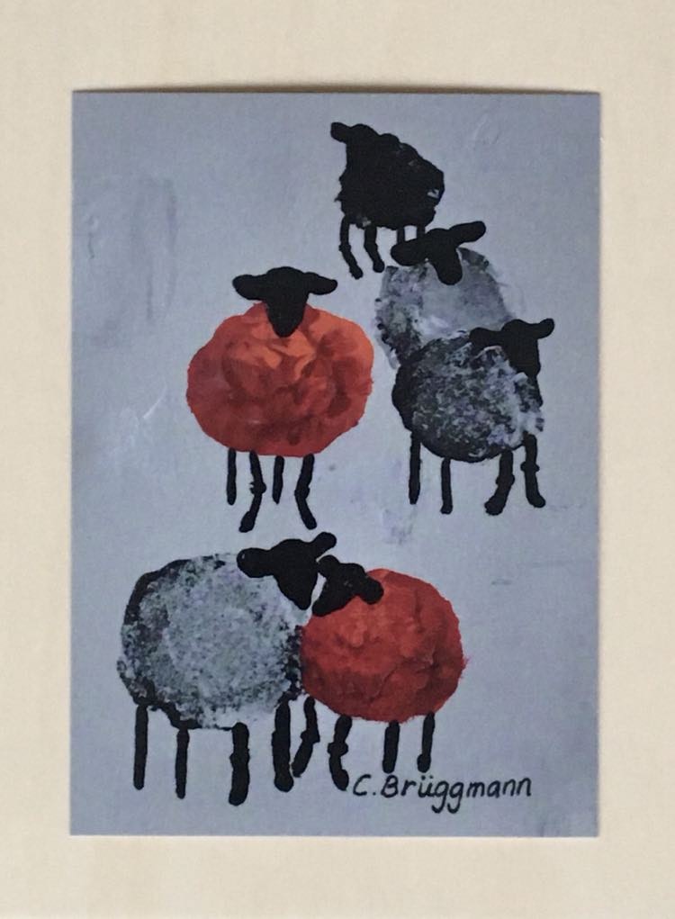 Unikt, sött, rött och grått vykort med får. Fårvykortet har ett konsttryck från en C.Brüggmann-originalmålning.