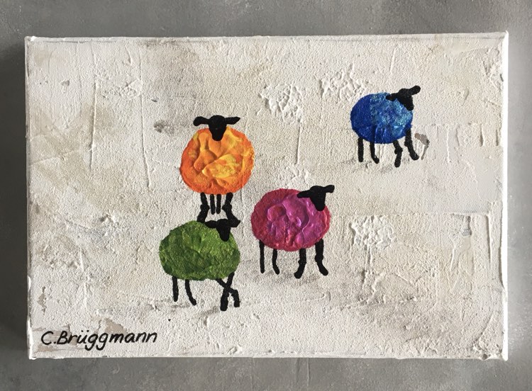 Färgsprakande konst med får i olika färger målad av fårmålaren C.Brüggmann. Snyggt Gotlandsmotiv.