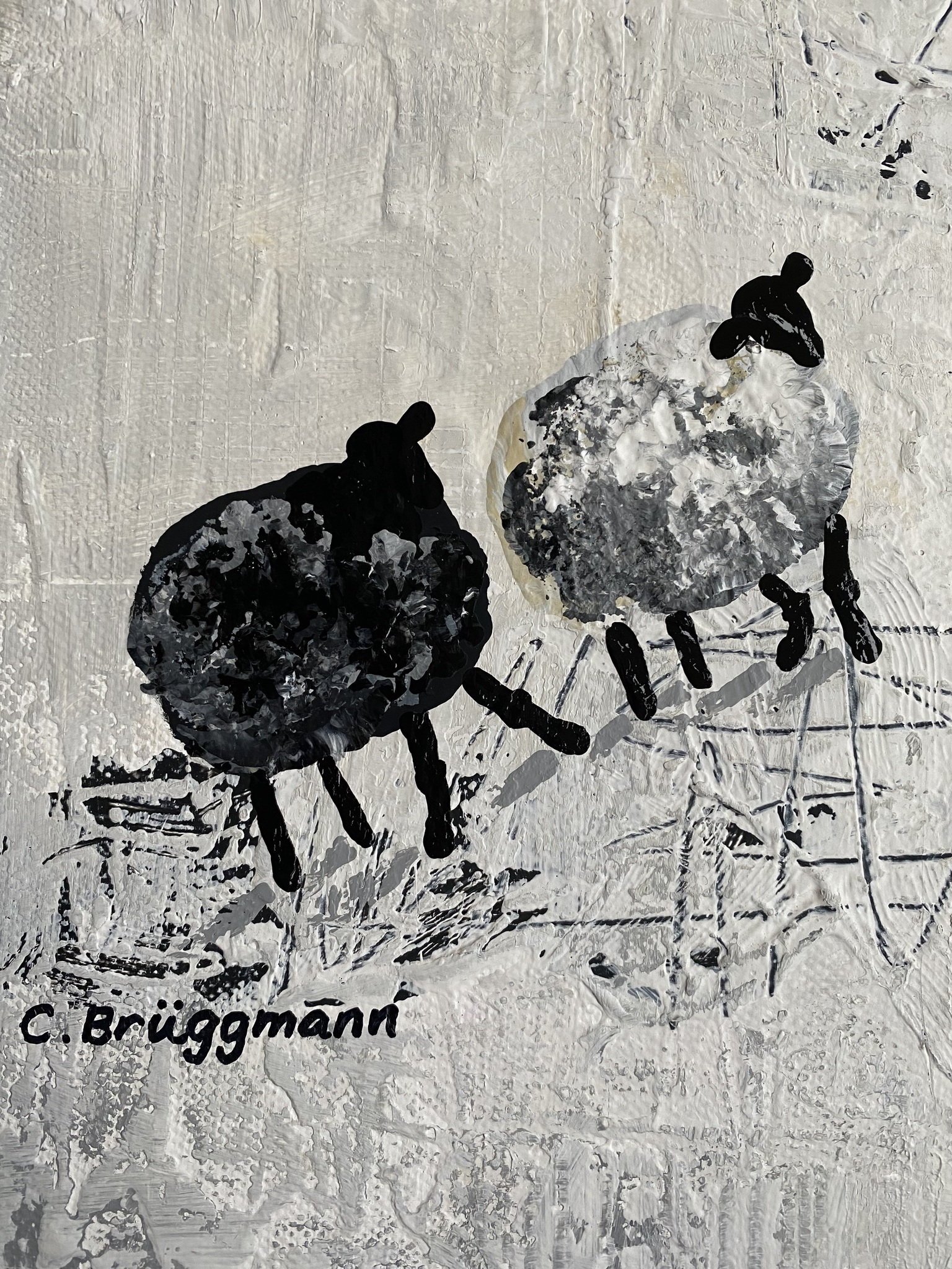 Grå och svarta lamm i detta konstverk av konstnär som visar sin konst i Visby på somrarna.