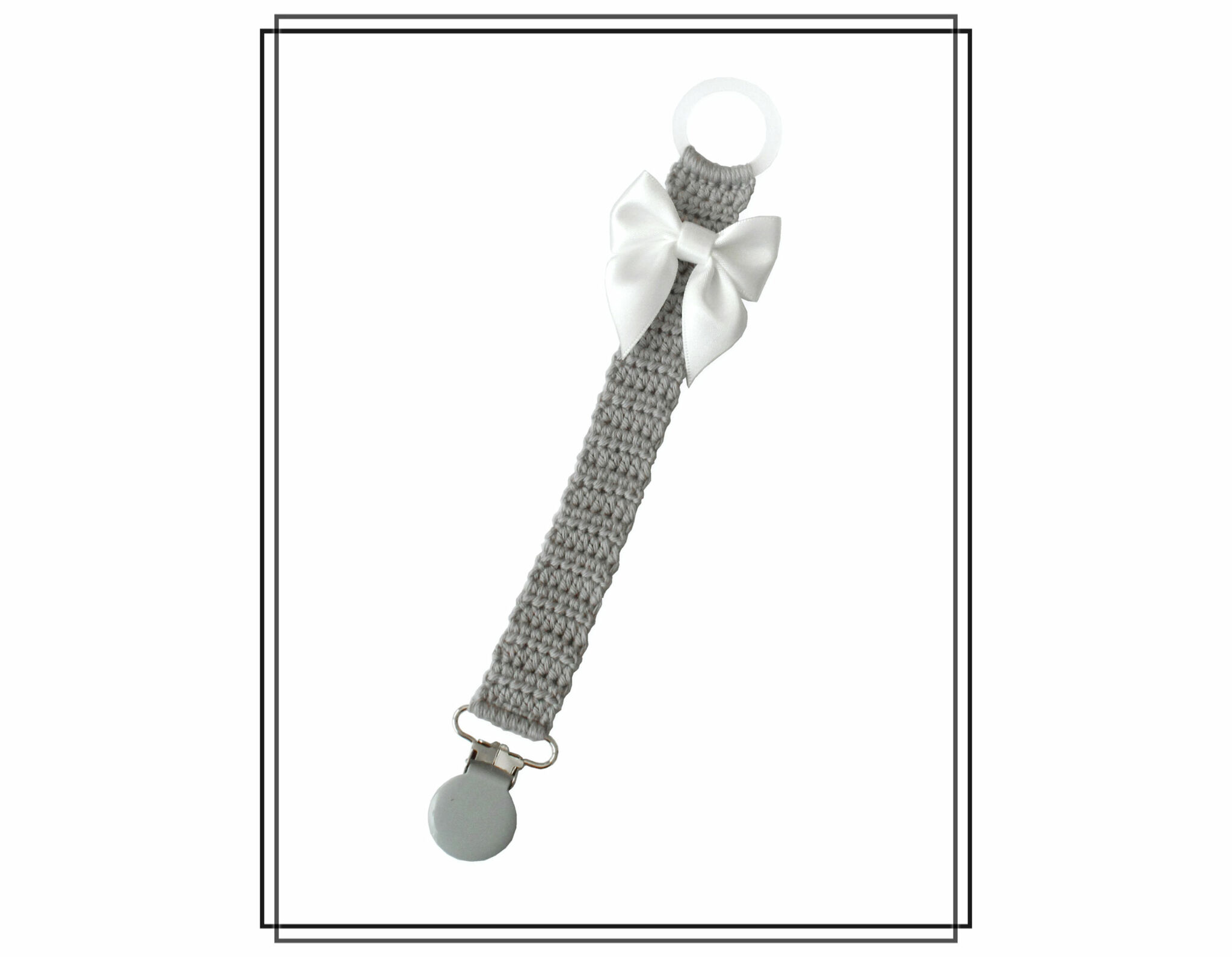 Napphållare virkad grå med vit rosett - grått clip
