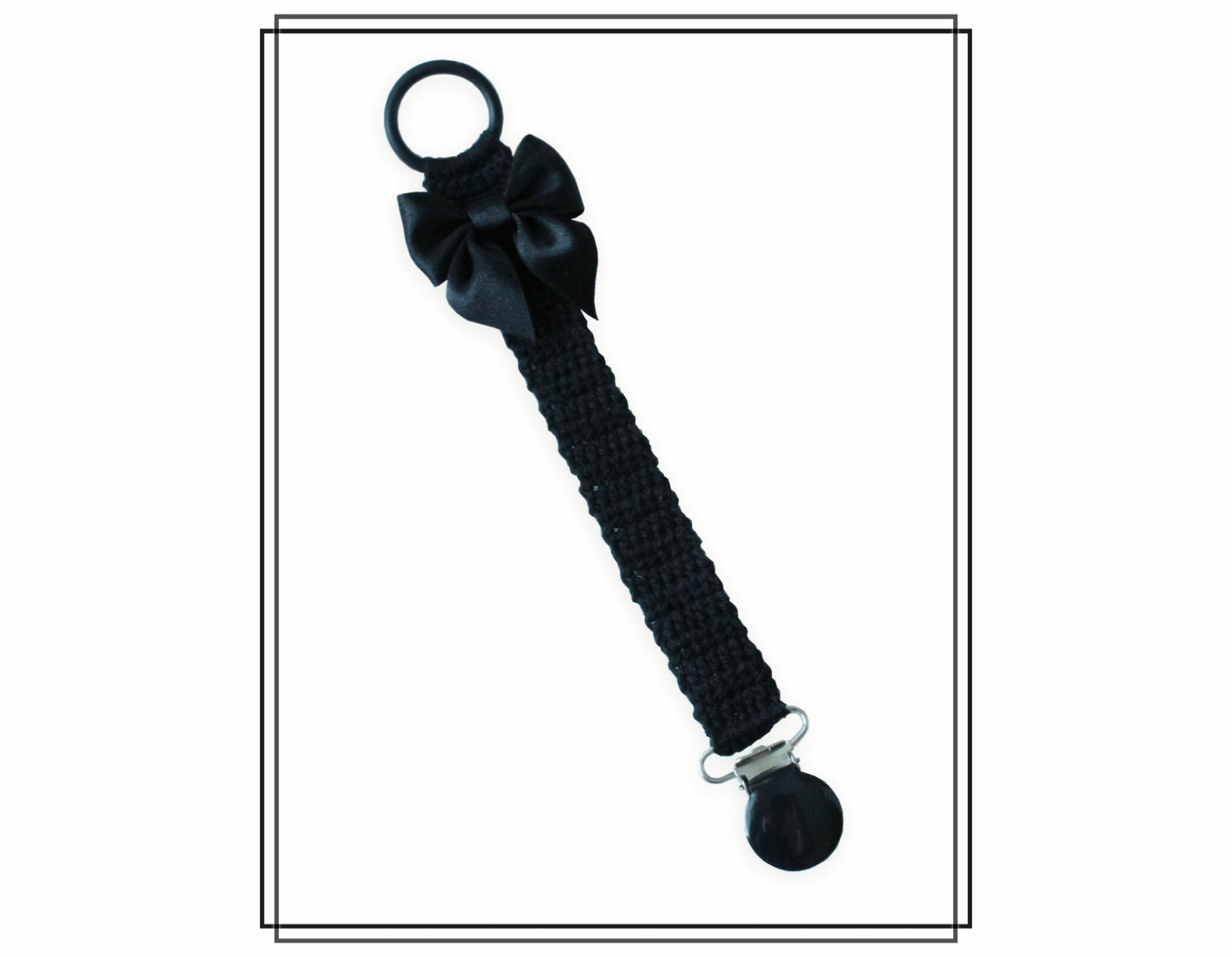 Napphållare virkad svart med rosett - svart clip
