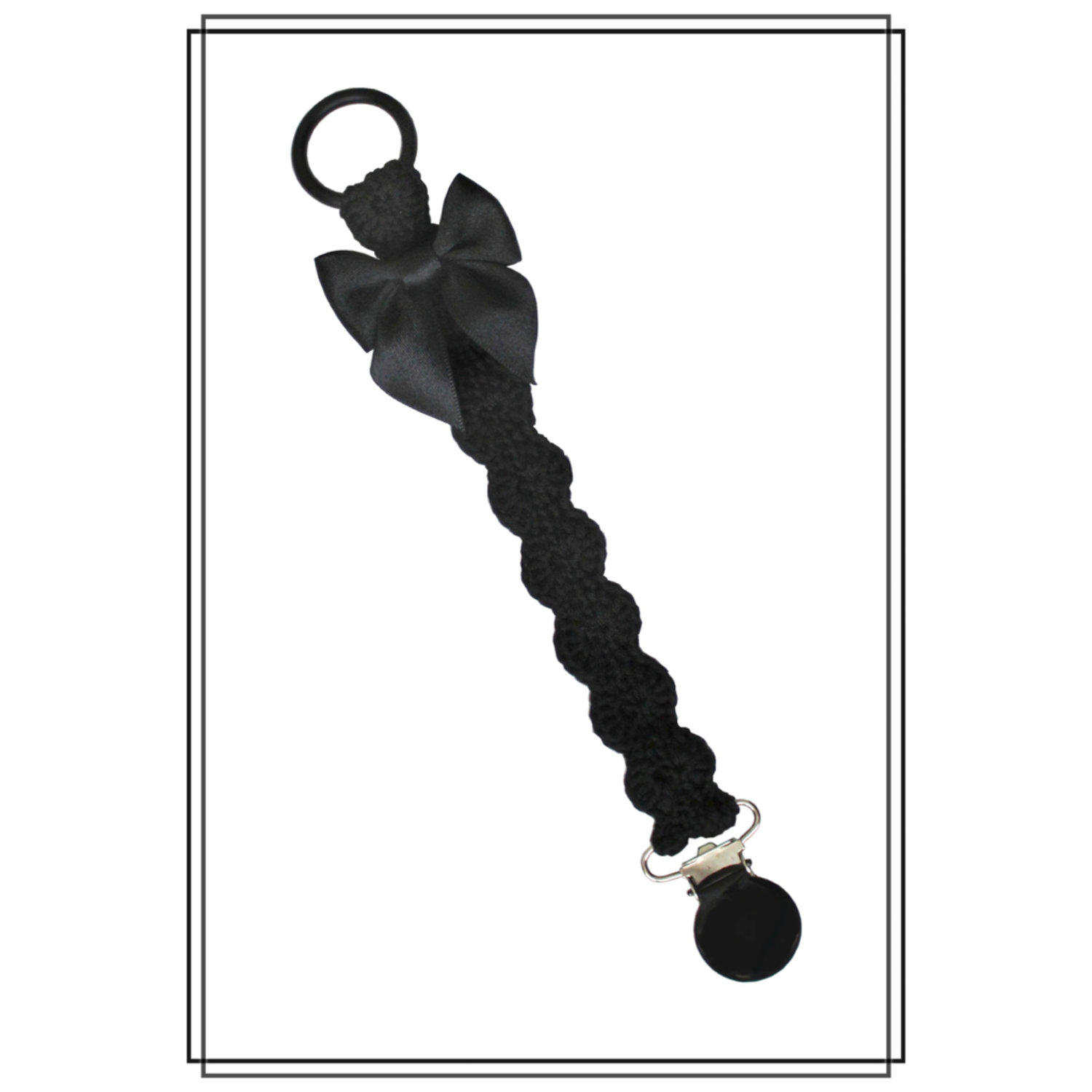 Napphållare virkad svart med rosett - svart clip