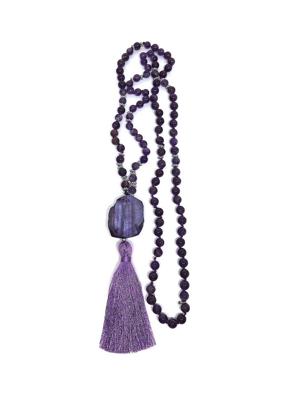 Långt knutet ametist halsband med lila tofs