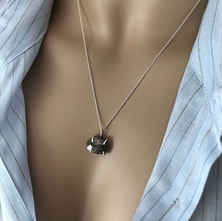 Halsband svart Rutilerad kvarts kristall silver - C.M.H Design Jewellery