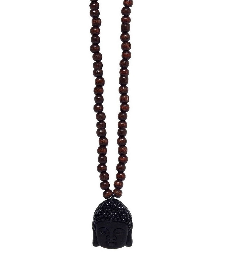 Långt brunt trähalsband med Buddha Huvud hänge