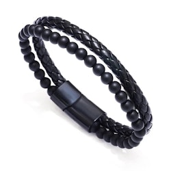 Svart armband med natursten och flätad läderlook