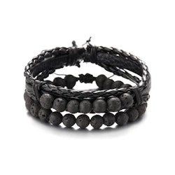 Svart armbandsset i vulkansten och flätat läder