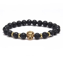Svart armband med vulkansten & guldlejon