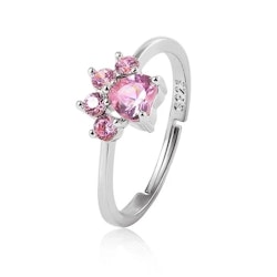 Silverfärgad ring med kattfot i rosa kristall