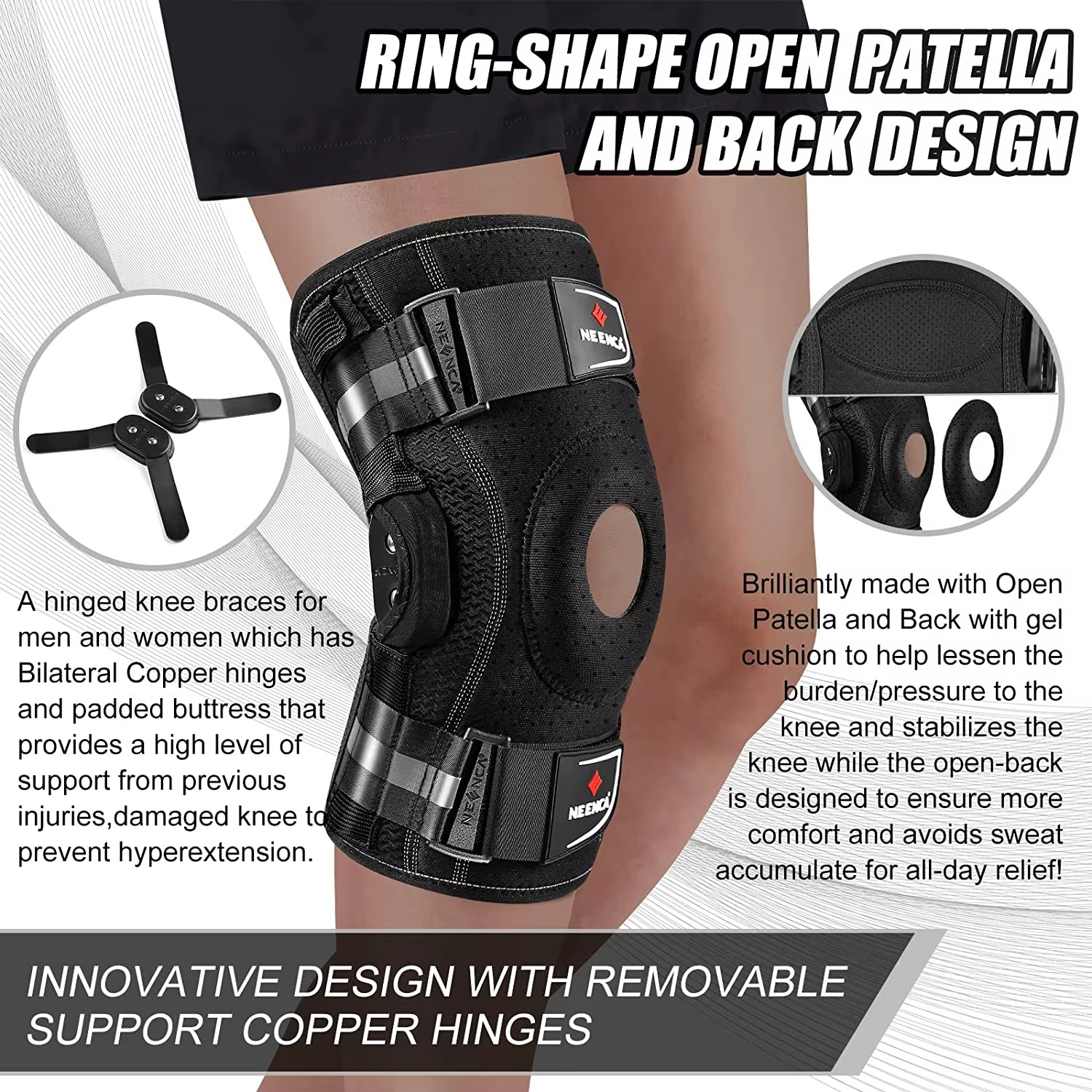 Knestøtte for smertelindring - med hengsler og sidestabilisering