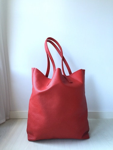 Raw Leather Tote Bag - Red Perforated