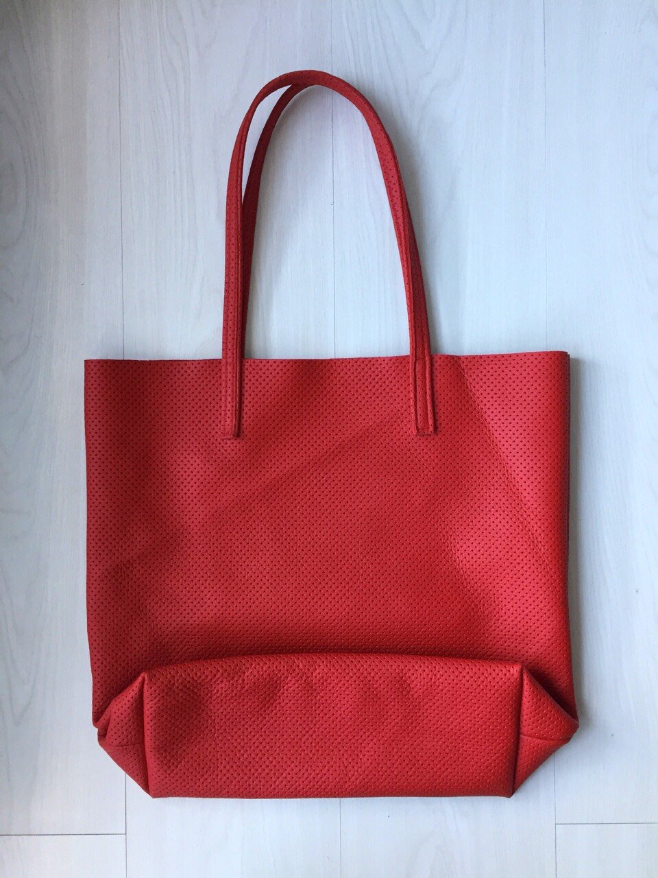 Raw Leather Tote Bag - Red Perforated
