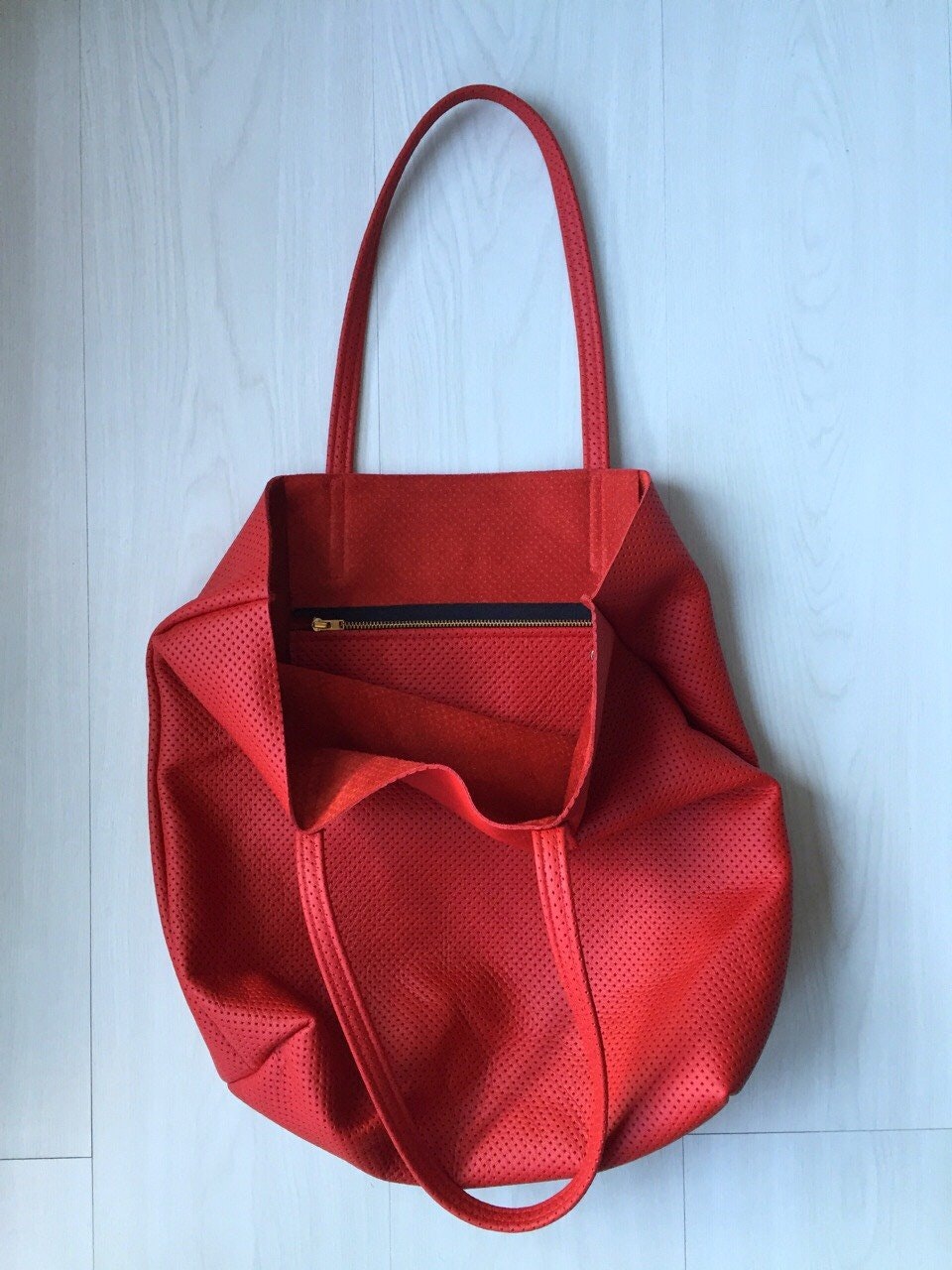 Raw Leather Tote Bag - Red Perforated