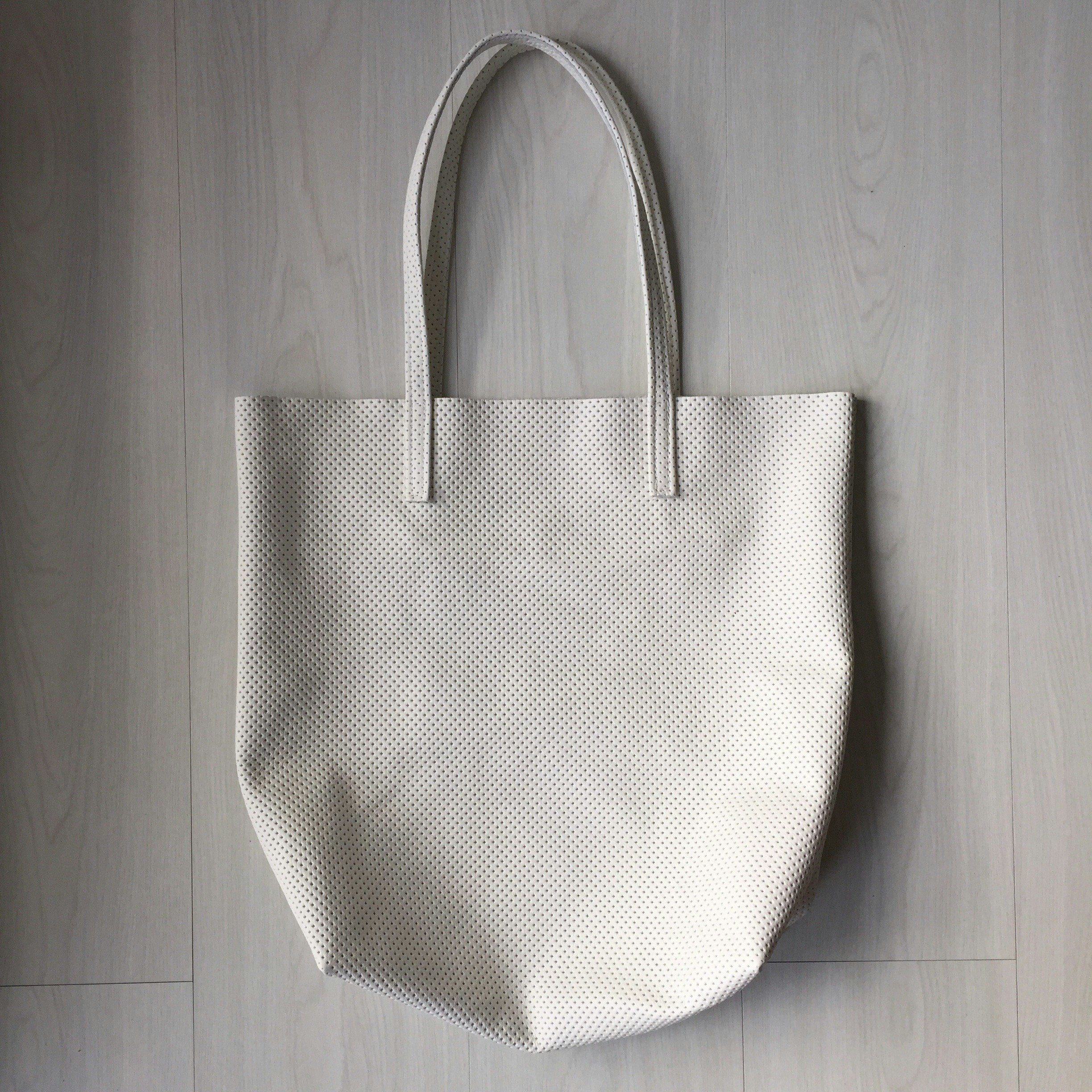 Raw Leather Tote Bag - White perforated
