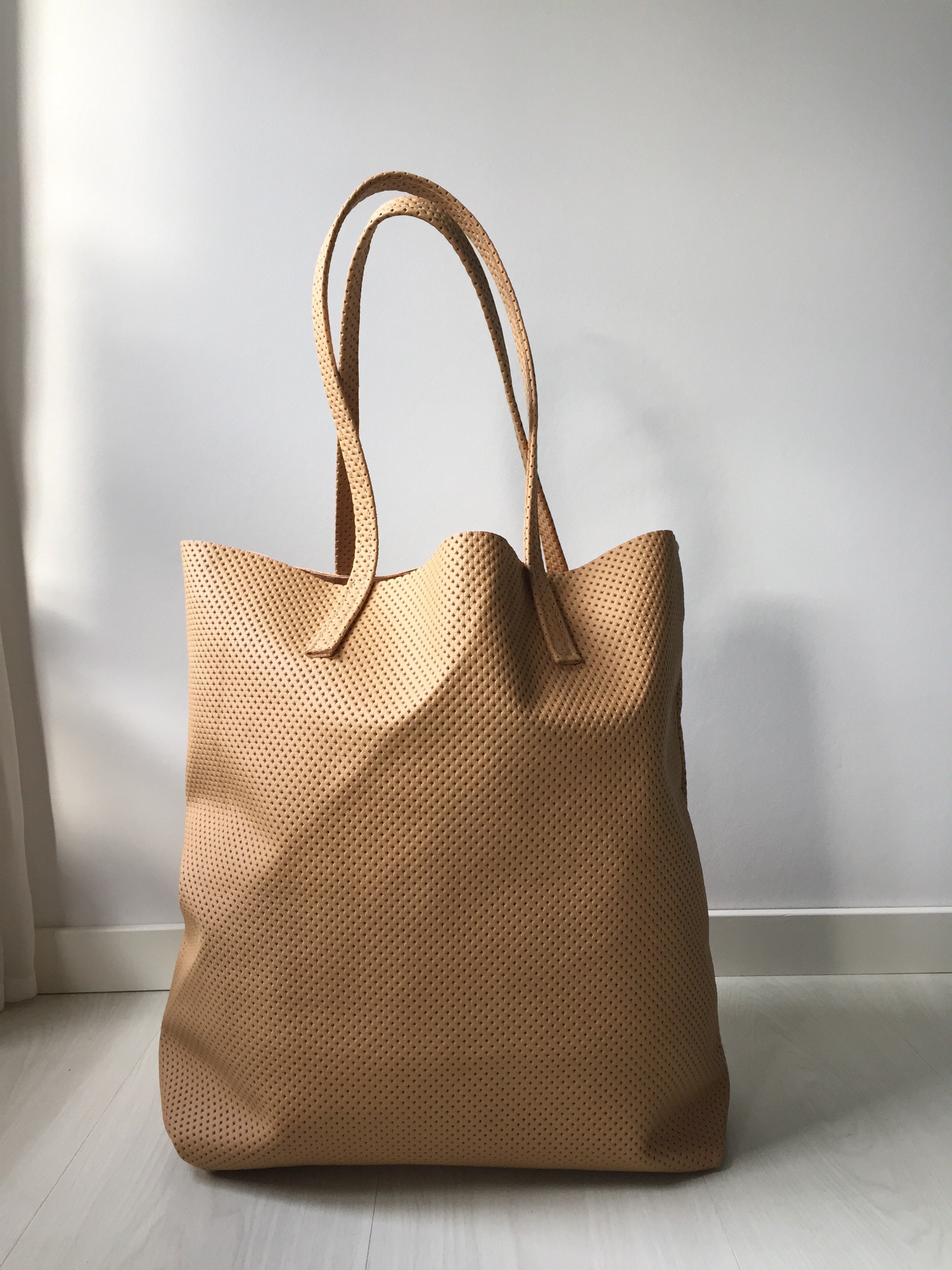 Raw Leather Tote Bag - Tan Perforated Leather