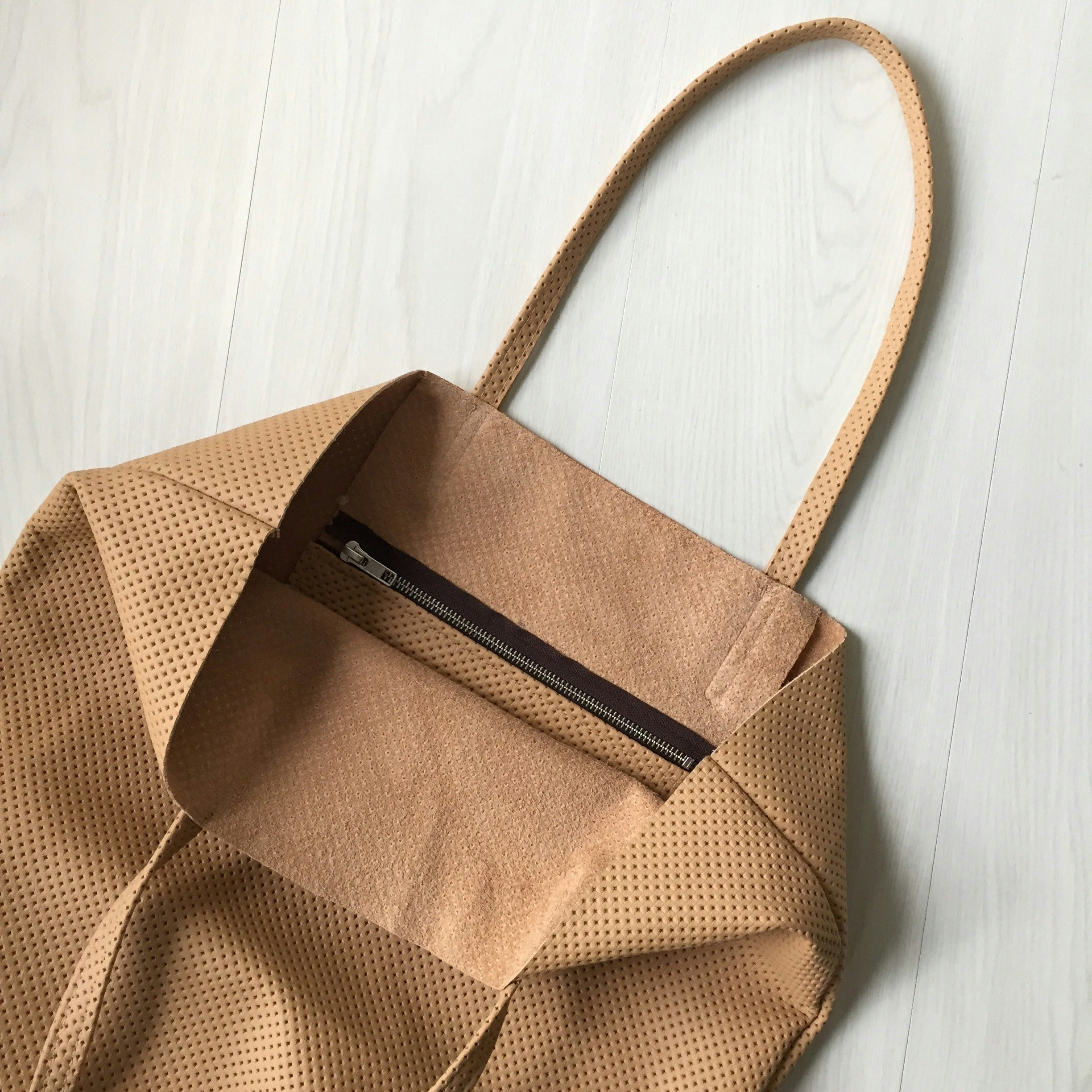 Raw Leather Tote Bag - Tan Perforated Leather - Sofia Agardtson Design.
