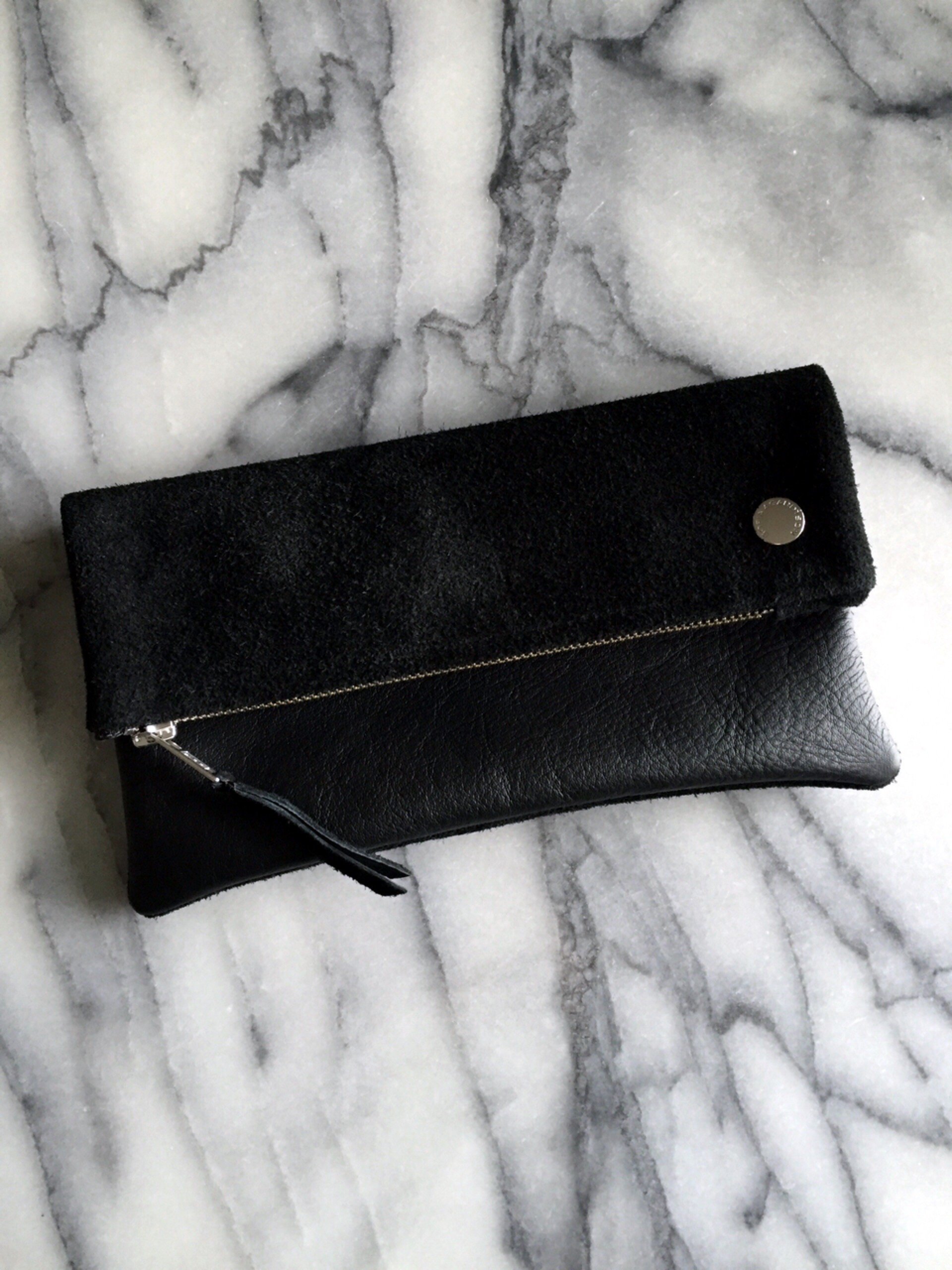 VIP Fold Over Bag - Black Suede & Leather