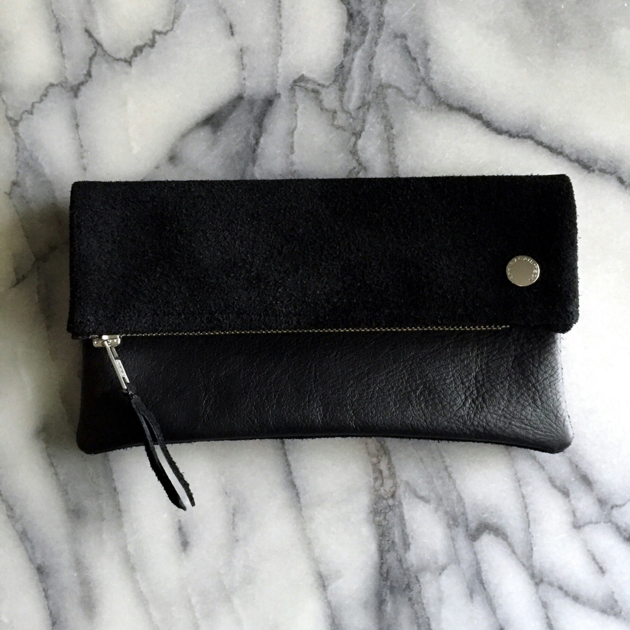 VIP Fold Over Bag - Black Suede & Leather