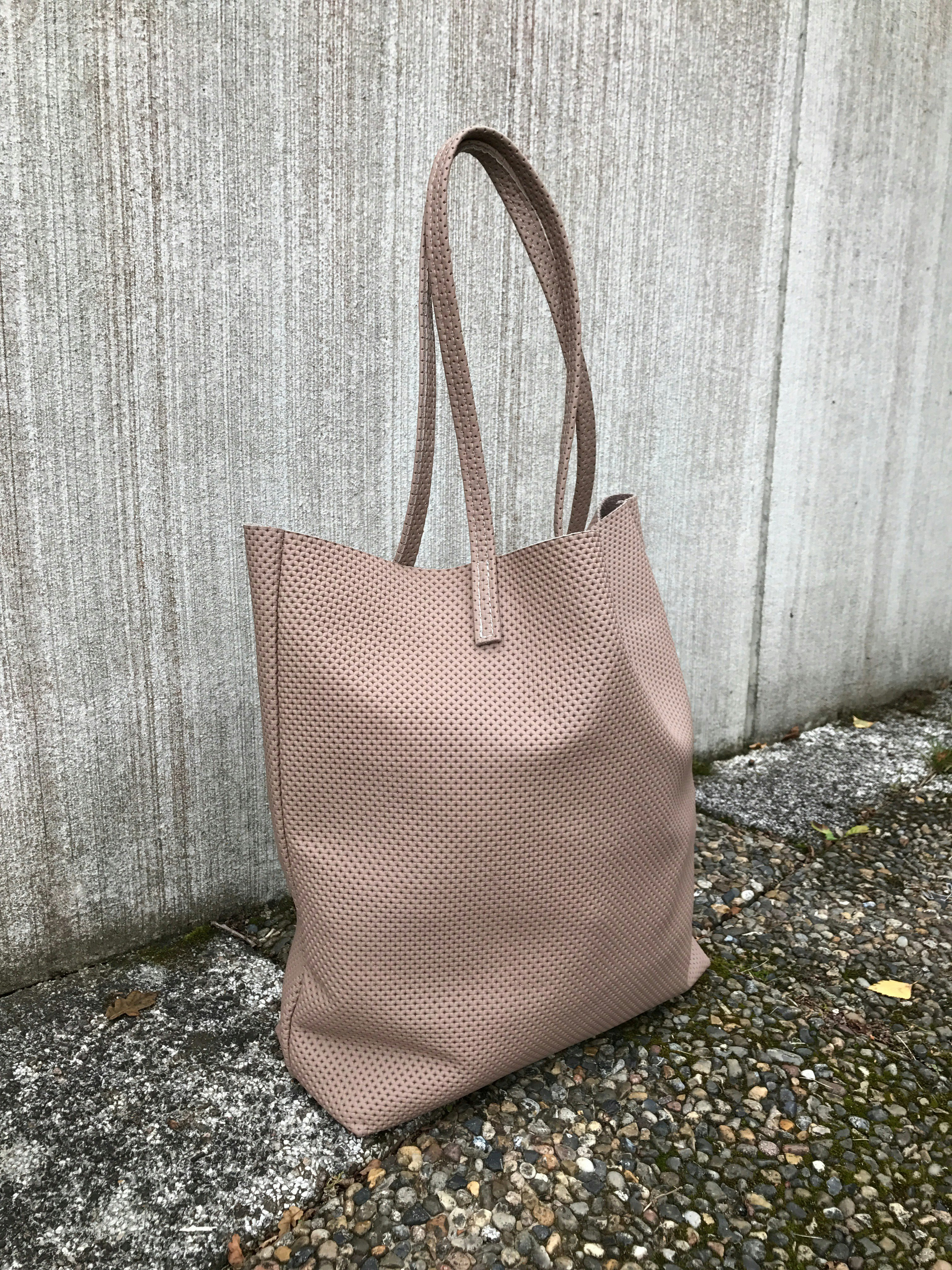 Raw Leather Tote Bag - Light Taupe Perforated