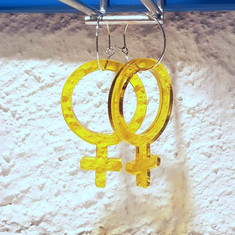 Earrings - Yellow Feminist Big hoops upcycled plexi